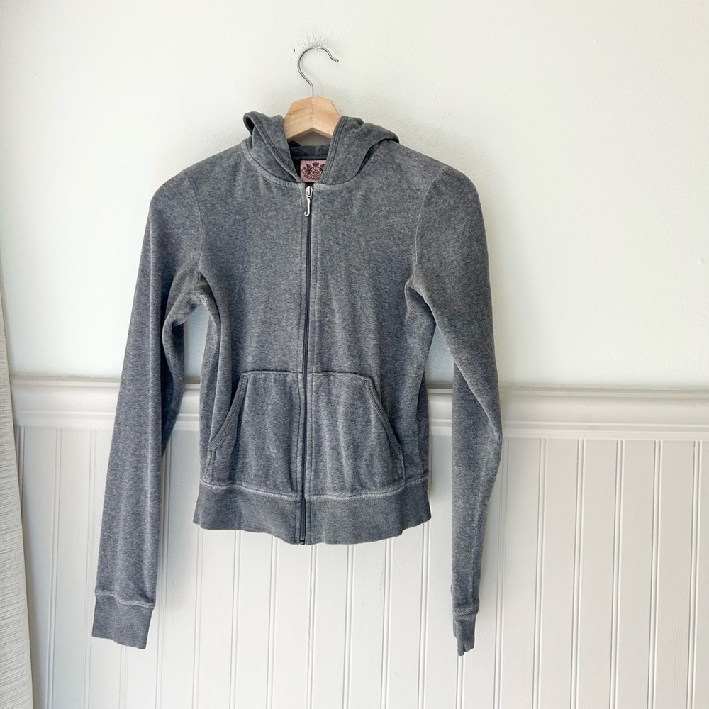 Y2K Juicy Couture Gray Pink Velour Sequin Crown Zip Up Hoodie - Picture 2 of 4
